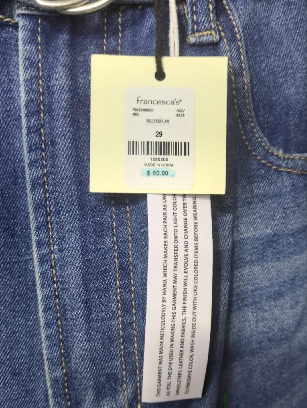 High Rise Flare Blue Straight-Leg Jeans w/ Loop Belt Retro Hippie Size 29 Nwt